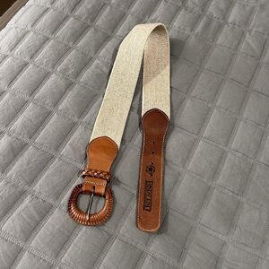 VTG Lands End Waist Belt Elastic Leather Ivory USA 26  Cotton Coastal Yacht
